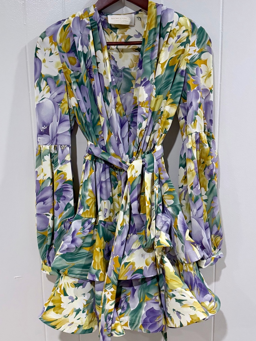 BRONX & BANCO Floral Wrap Dress with Lavender, Yellow & Green Print